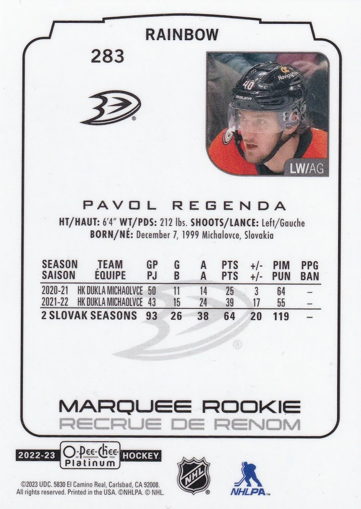 2022-23 UD O-Pee-Chee Platinum - Pavol Regenda - Marquee Rookie Rainbow #283