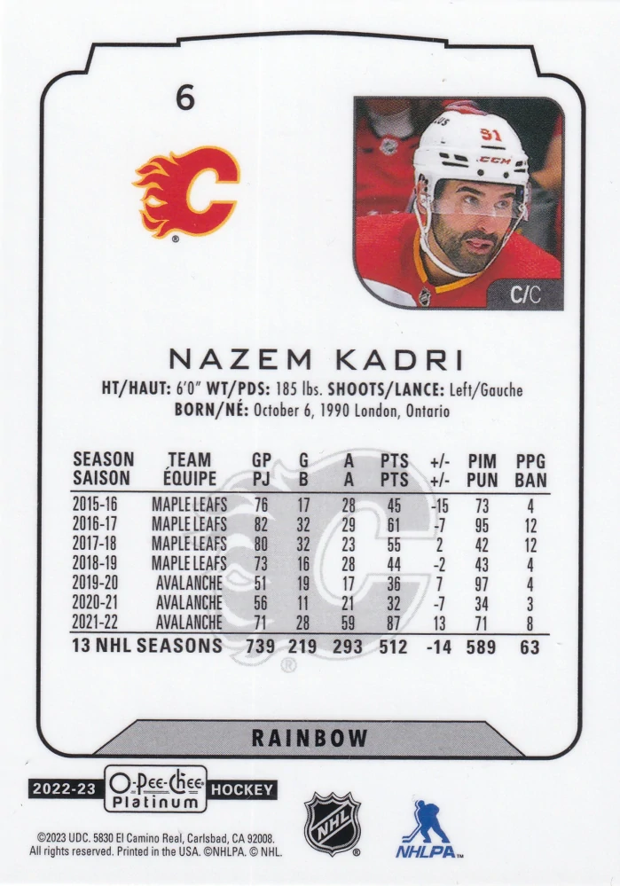 2022-23 UD O-Pee-Chee Platinum - Nazem Kadri - Rainbow #6
