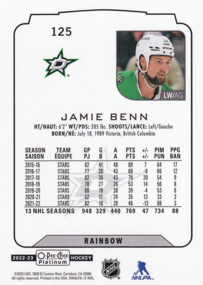2022-23 UD O-Pee-Chee Platinum - Jamie Benn - Rainbow #125