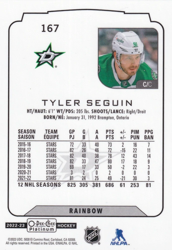 2022-23 UD O-Pee-Chee Platinum - Tyler Seguin - Rainbow #167