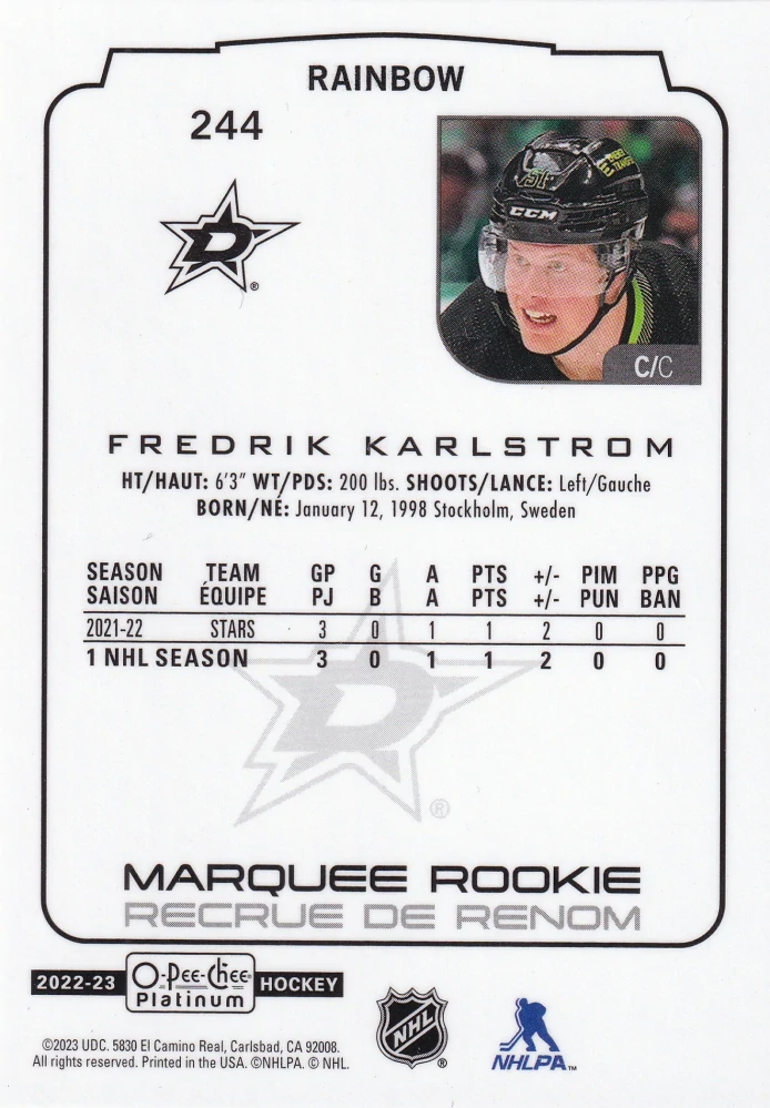 2022-23 UD O-Pee-Chee Platinum - Fredrik Karlstrom - Marquee Rookie Rainbow #244