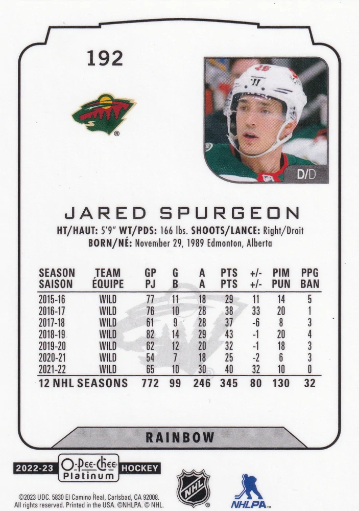 2022-23 UD O-Pee-Chee Platinum - Jared Spurgeon - Rainbow #192