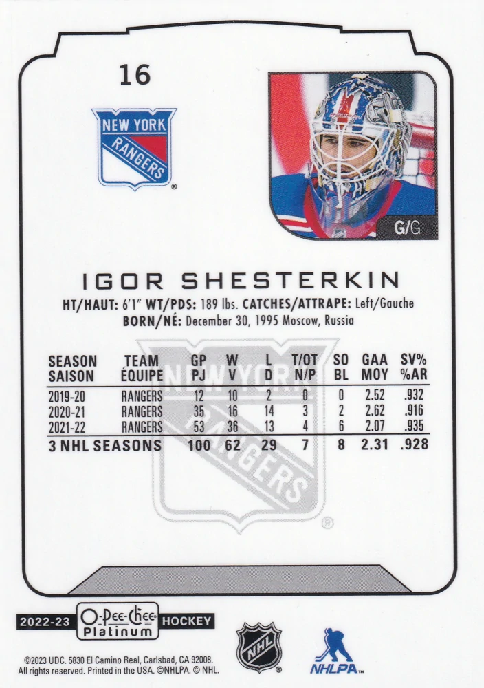 2022-23 UD O-Pee-Chee Platinum - Igor Shesterkin #16