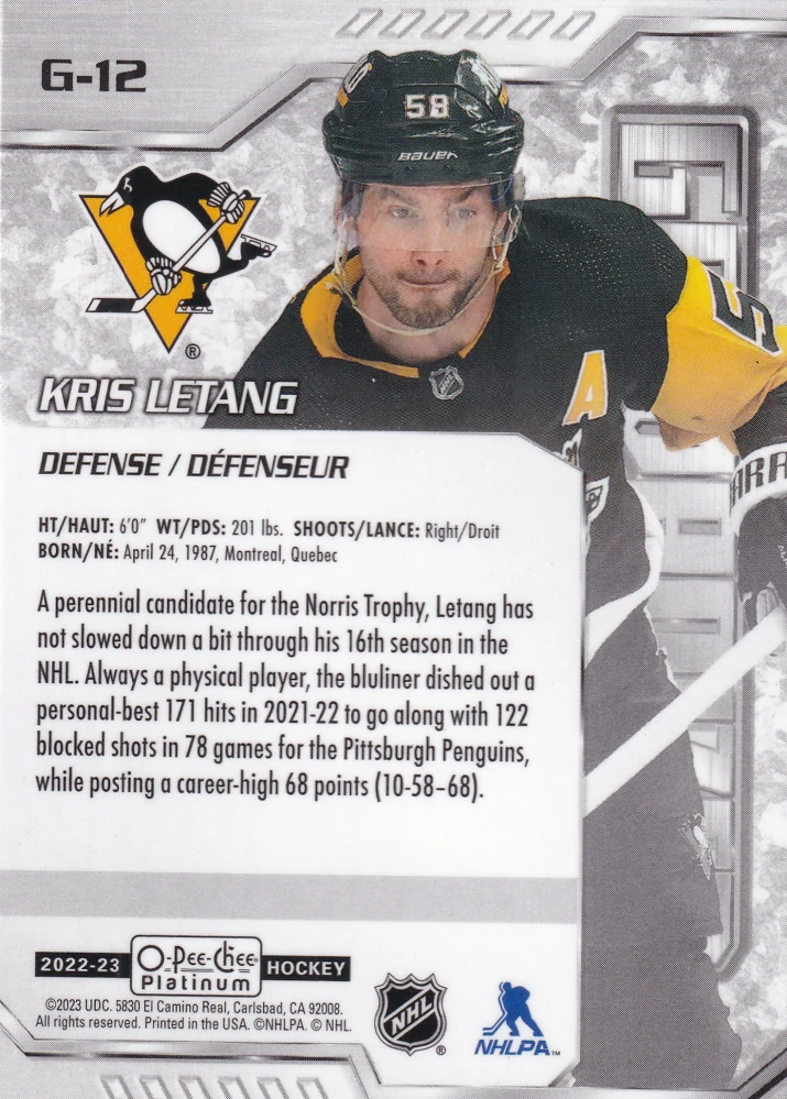 2022-23 UD O-Pee-Chee Platinum - Kris Letang - Galvanized #G-12