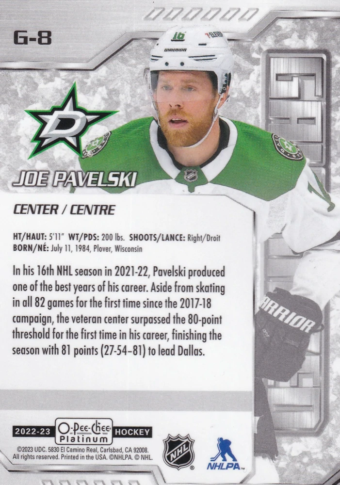 2022-23 UD O-Pee-Chee Platinum - Joe Pavelski - Galvanized #G-8