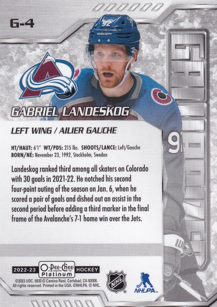 2022-23 UD O-Pee-Chee Platinum - Gabriel Landeskog - Galvanized #G-4
