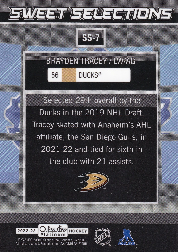 2022-23 UD O-Pee-Chee Platinum - Brayden Tracey - Sweet Selections #SS-7