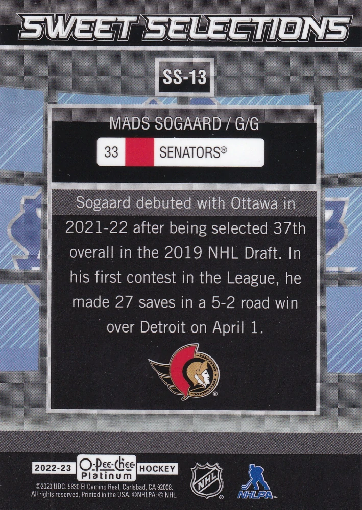 2022-23 UD O-Pee-Chee Platinum - Mads Sogaard - Sweet Selections #SS-13