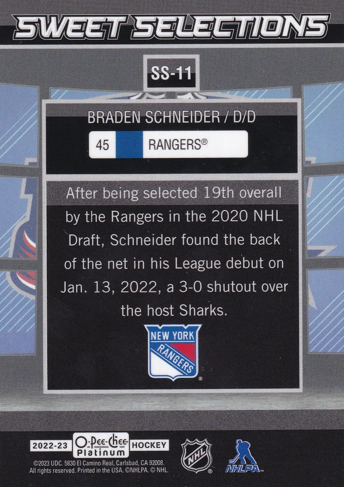 2022-23 UD O-Pee-Chee Platinum - Braden Schneider - Sweet Selections #SS-11