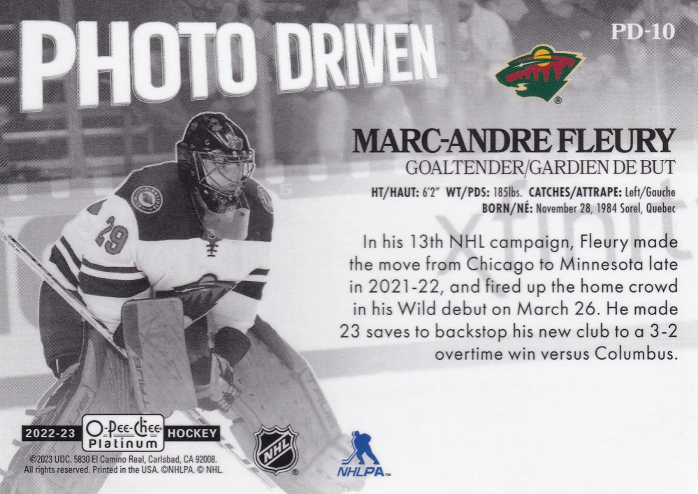 2022-23 UD O-Pee-Chee Platinum - Marc-Andre Fleury - Photo Driven #PD-10