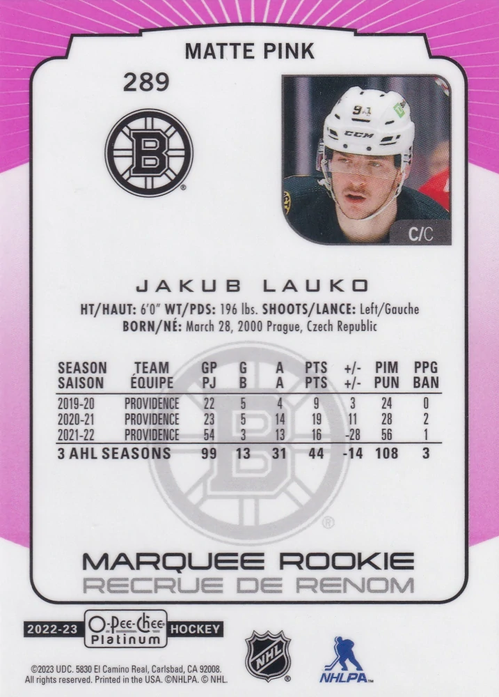 2022-23 UD O-Pee-Chee Platinum - Jakub Lauko - Marquee Rookie Matte Pink #289
