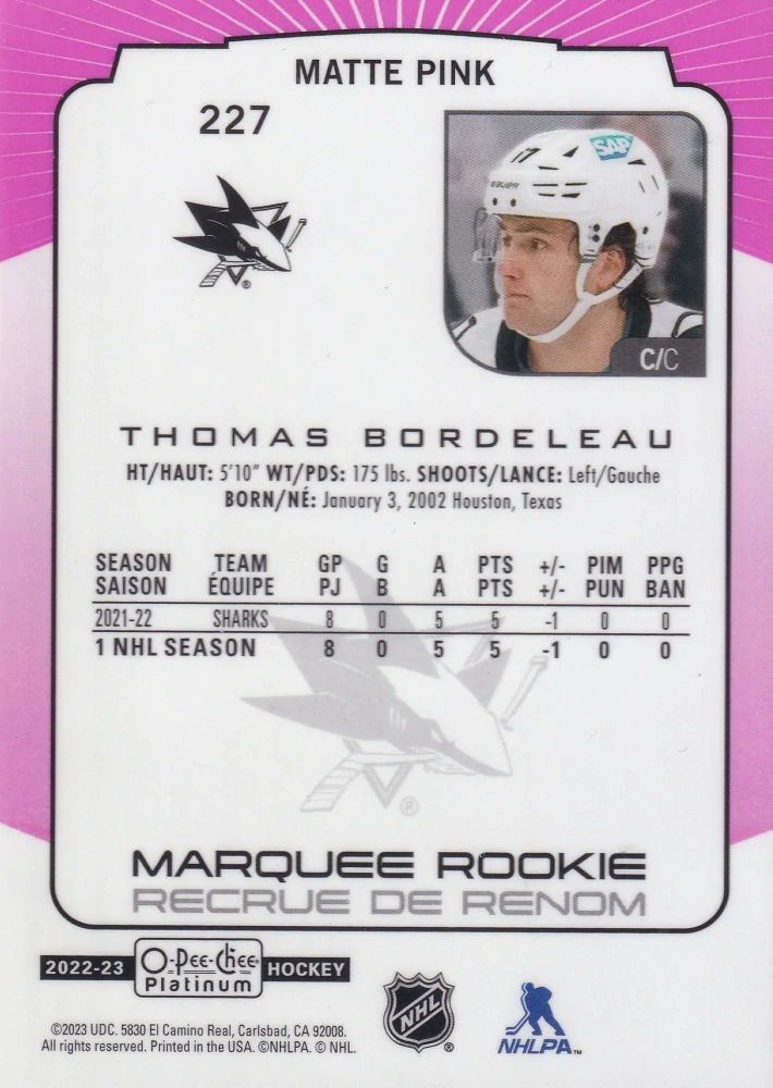 2022-23 UD O-Pee-Chee Platinum - Thomas Bordeleau - Marquee Rookie Matte Pink #227