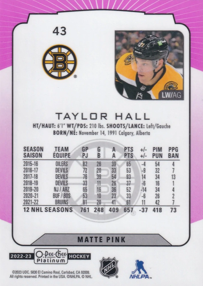 2022-23 UD O-Pee-Chee Platinum - Taylor Hall - Matte Pink #43