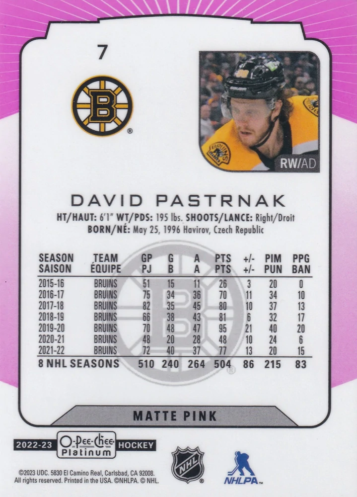 2022-23 UD O-Pee-Chee Platinum - David Pastrňák - Matte Pink #7