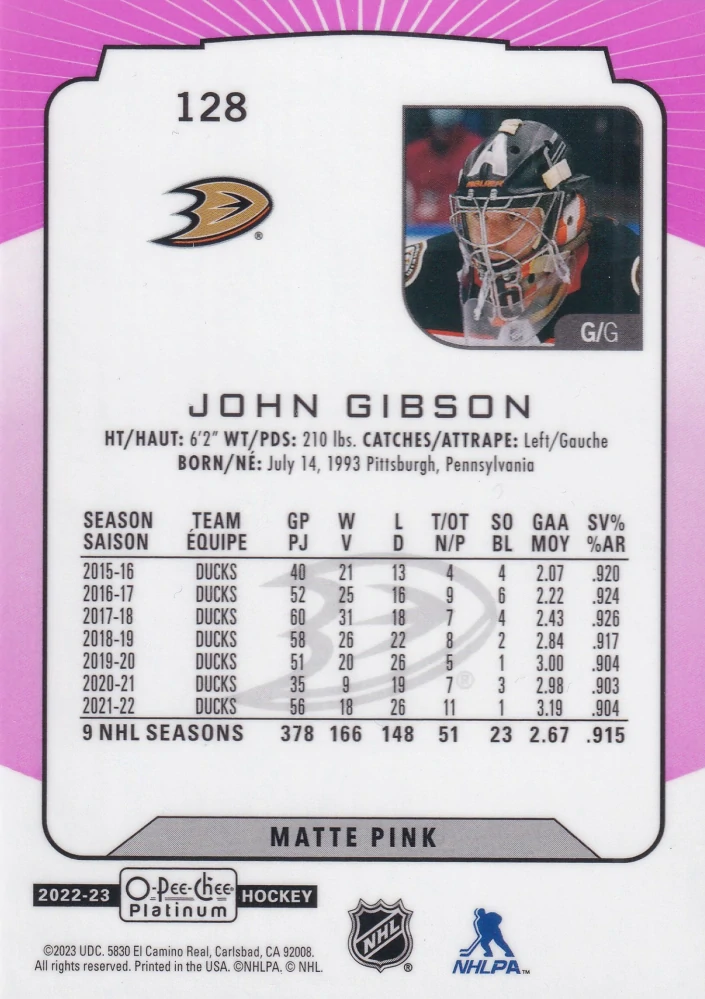 2022-23 UD O-Pee-Chee Platinum - John Gibson - Matte Pink #128