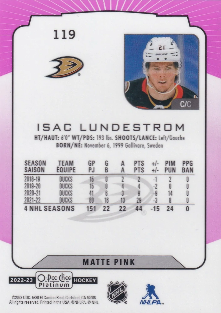 2022-23 UD O-Pee-Chee Platinum - Isac Lundestrom - Matte Pink #119
