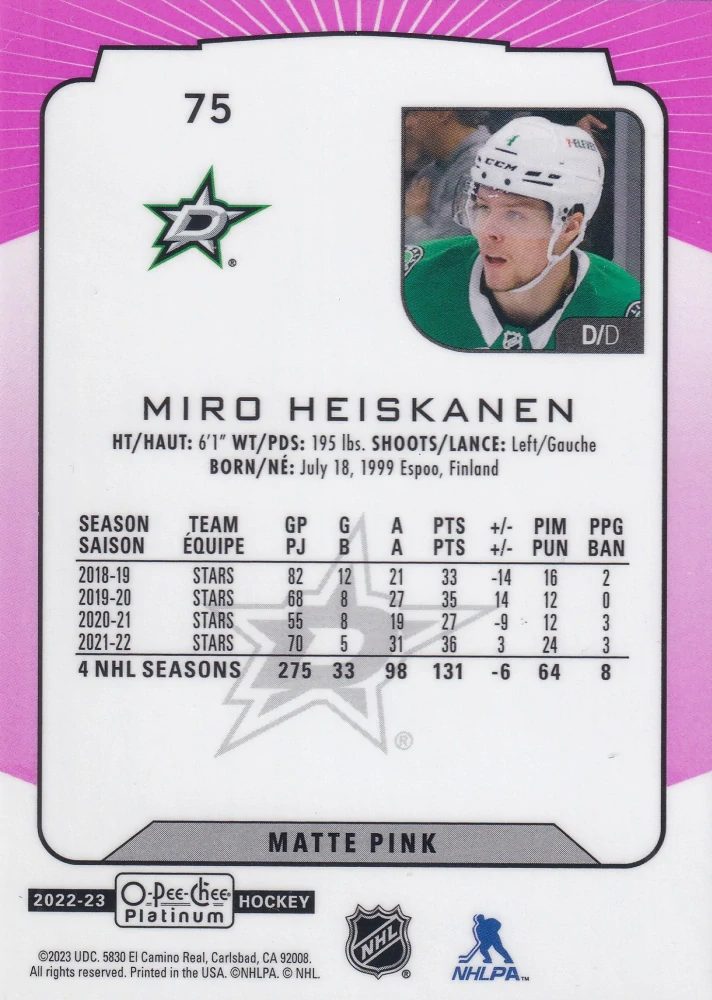 2022-23 UD O-Pee-Chee Platinum - Miro Heiskanen - Matte Pink #75