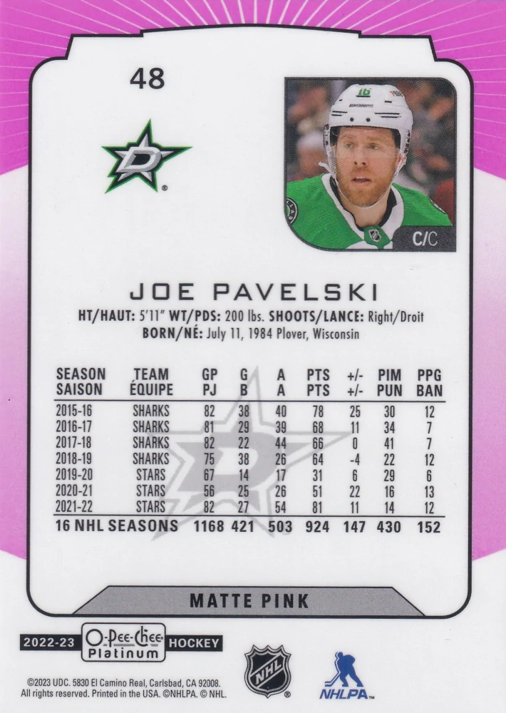 2022-23 UD O-Pee-Chee Platinum - Joe Pavelski - Matte Pink #48