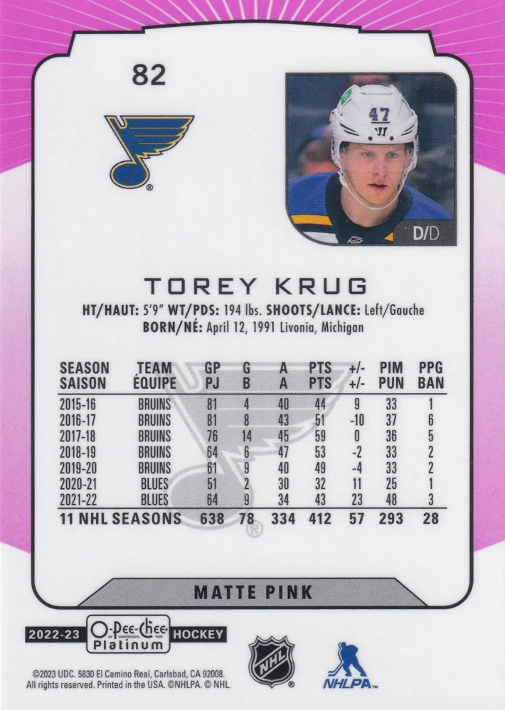 2022-23 UD O-Pee-Chee Platinum - Torey Krug - Matte Pink #82