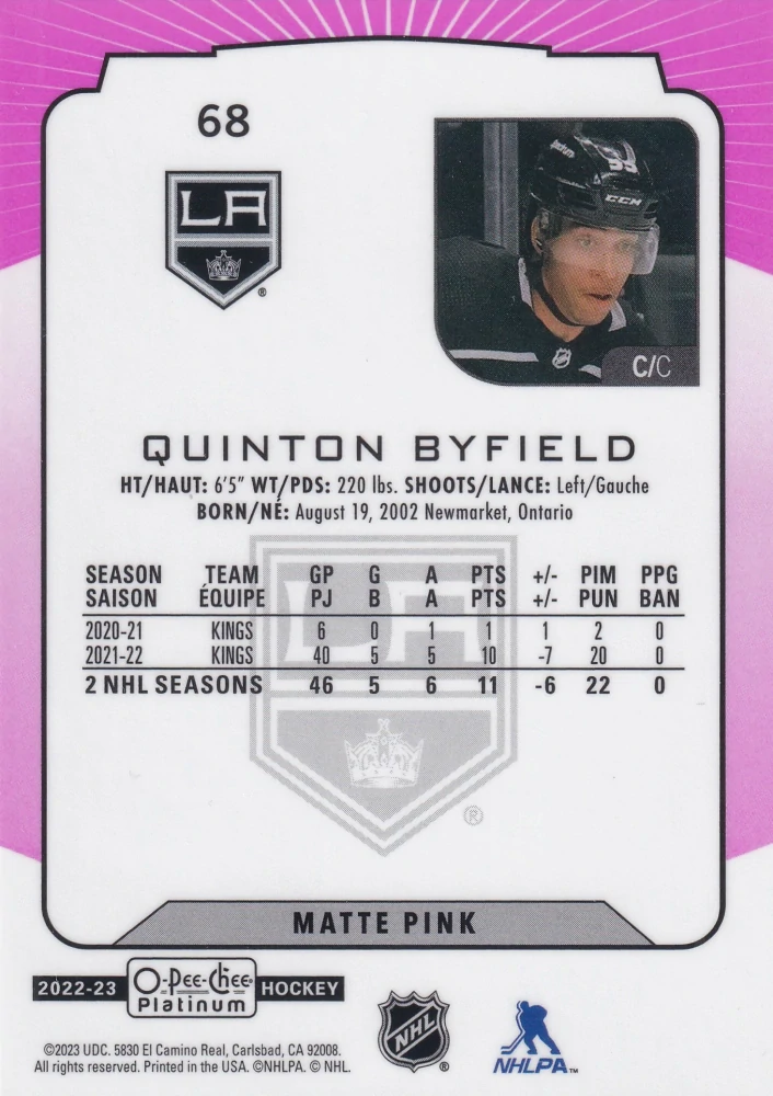 2022-23 UD O-Pee-Chee Platinum - Quinton Byfield - Matte Pink #68