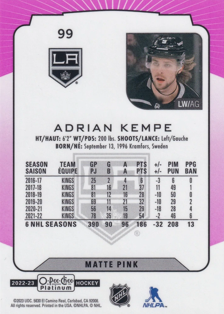 2022-23 UD O-Pee-Chee Platinum - Adrian Kempe - Matte Pink #99