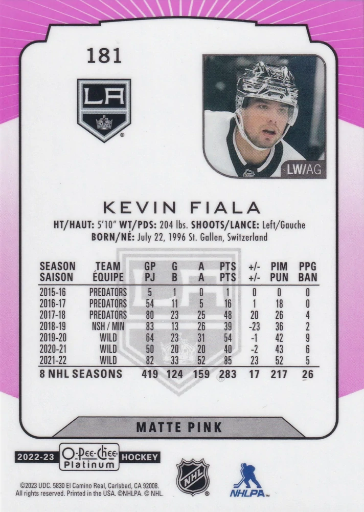 2022-23 UD O-Pee-Chee Platinum - Kevin Fiala - Matte Pink #181