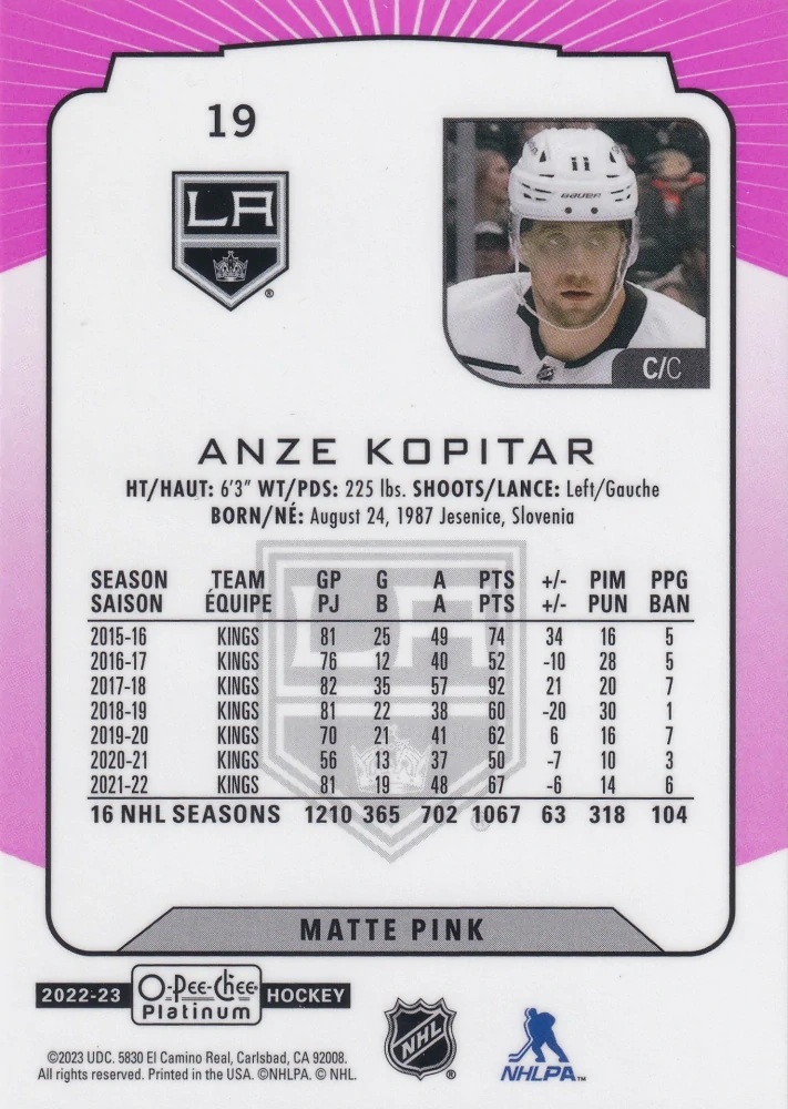 2022-23 UD O-Pee-Chee Platinum - Anze Kopitar - Matte Pink #19