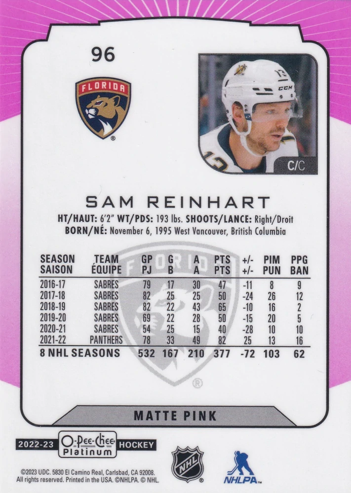 2022-23 UD O-Pee-Chee Platinum - Sam Reinhart - Matte Pink #96