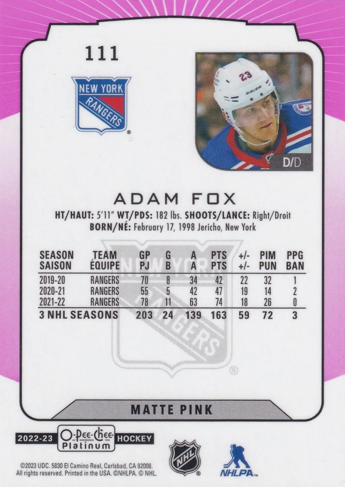 2022-23 UD O-Pee-Chee Platinum - Adam Fox - Matte Pink #111