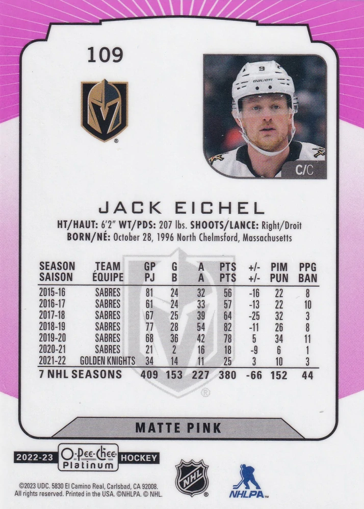 2022-23 UD O-Pee-Chee Platinum - Jack Eichel - Matte Pink #109