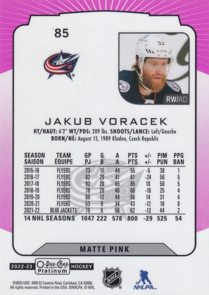 2022-23 UD O-Pee-Chee Platinum - Jakub Voráček - Matte Pink #85