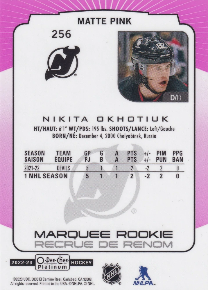 2022-23 UD O-Pee-Chee Platinum - Nikita Okhotiuk - Marquee Rookie Matte Pink #256