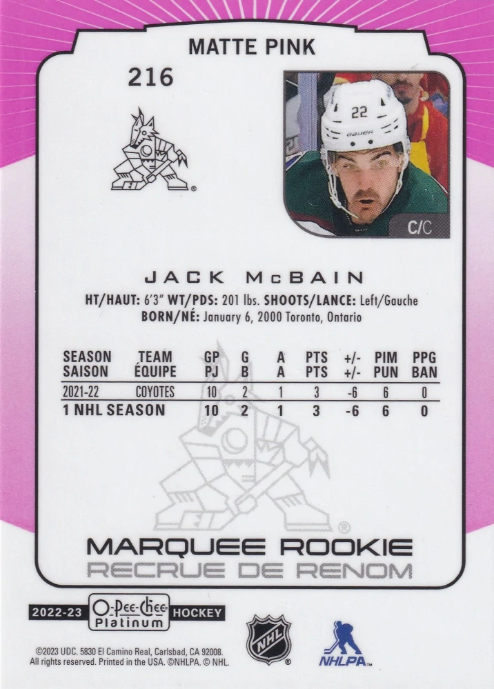 2022-23 UD O-Pee-Chee Platinum - Jack McBain - Marquee Rookie Matte Pink #216