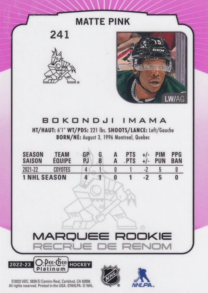 2022-23 UD O-Pee-Chee Platinum - Bokondji Imama - Marquee Rookie Matte Pink #241