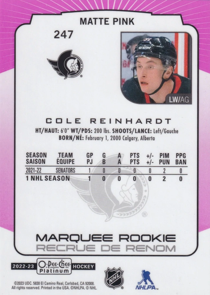 2022-23 UD O-Pee-Chee Platinum - Cole Reinhardt - Marquee Rookie Matte Pink #247