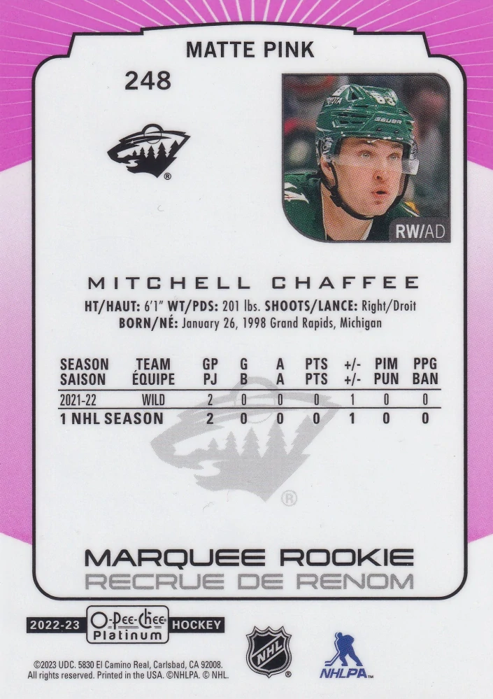 2022-23 UD O-Pee-Chee Platinum - Mitchell Chaffee - Marquee Rookie Matte Pink #248