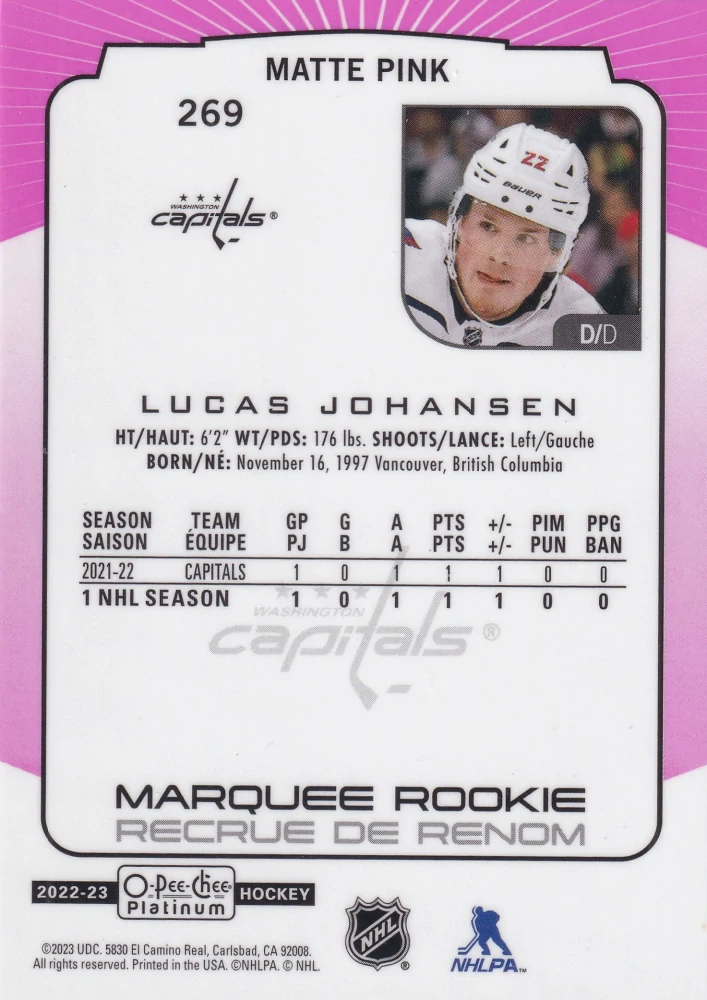 2022-23 UD O-Pee-Chee Platinum - Lucas Johansen - Marquee Rookie Matte Pink #269