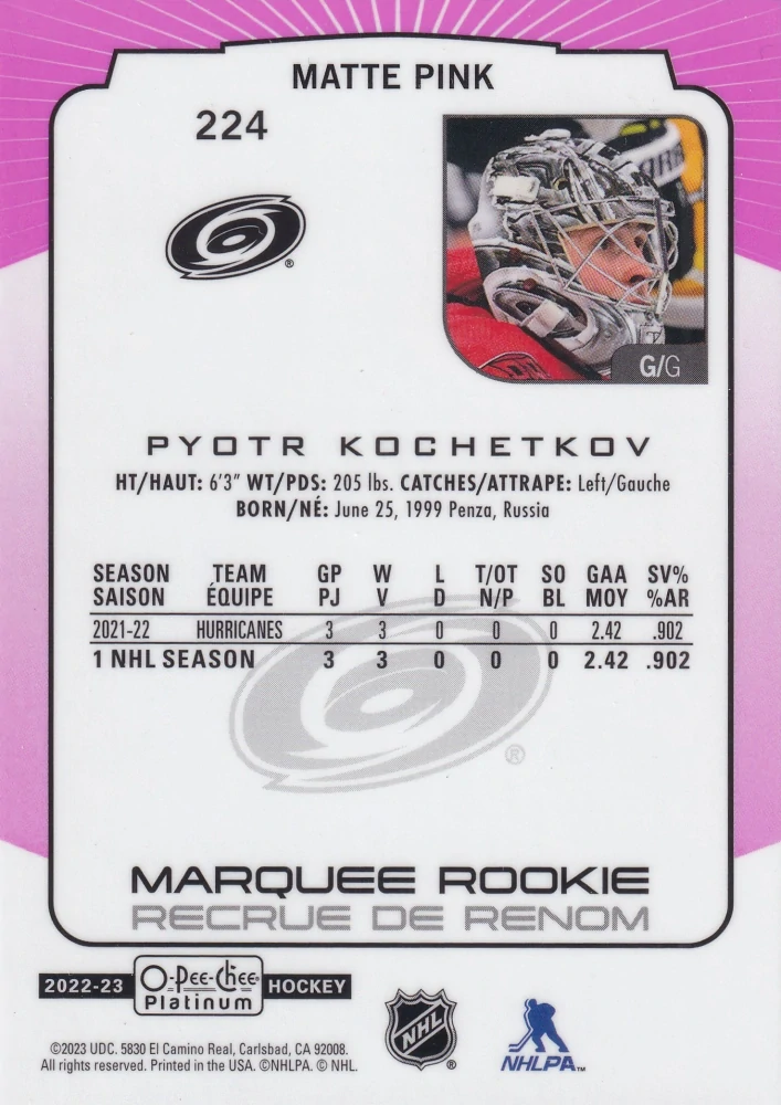 2022-23 UD O-Pee-Chee Platinum - Pyotr Kochetkov - Marquee Rookie Matte Pink #224
