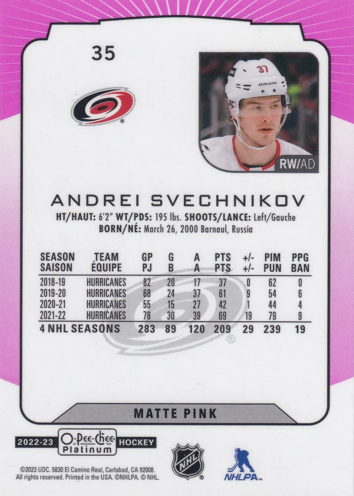 2022-23 UD O-Pee-Chee Platinum - Andrei Svechnikov - Matte Pink #35