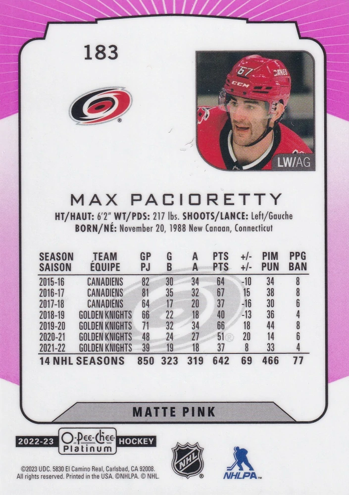 2022-23 UD O-Pee-Chee Platinum - Max Pacioretty - Matte Pink #183