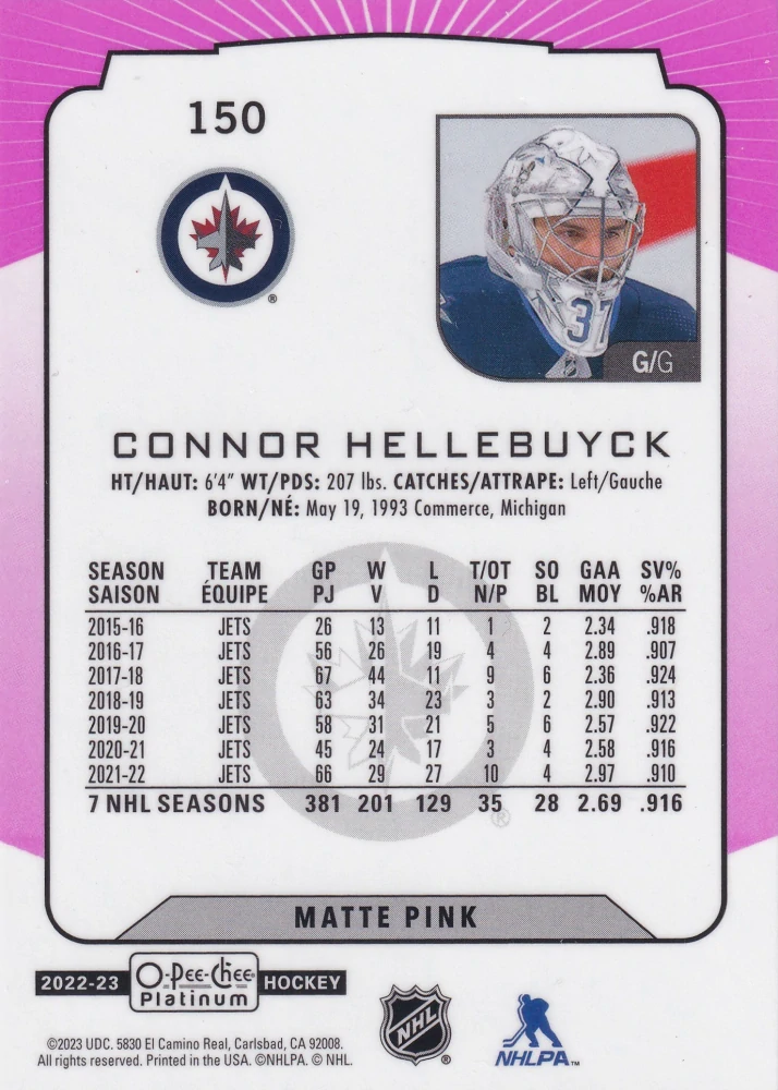 2022-23 UD O-Pee-Chee Platinum - Connor Hellebuyck - Matte Pink #150