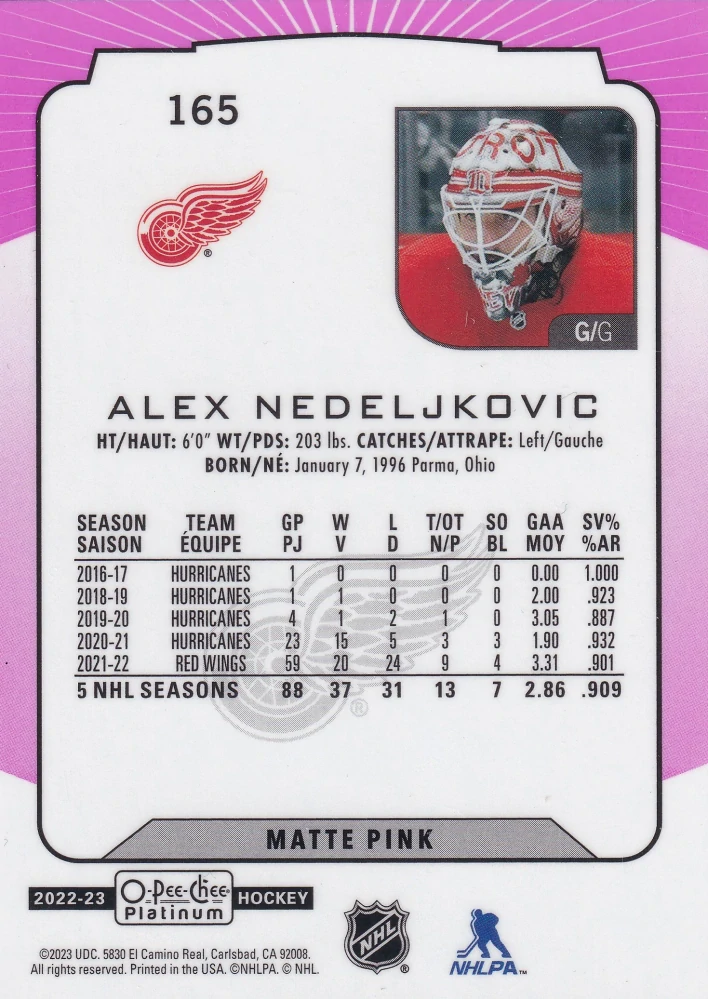 2022-23 UD O-Pee-Chee Platinum - Alex Nedeljkovic - Matte Pink #165
