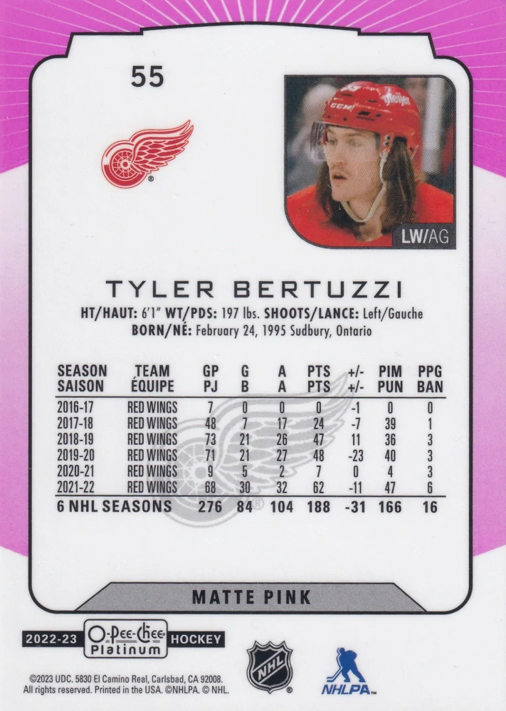 2022-23 UD O-Pee-Chee Platinum - Tyler Bertuzzi - Matte Pink #55