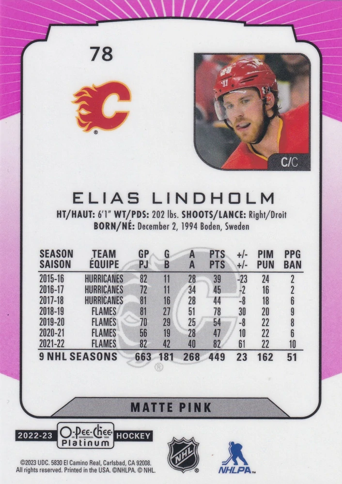 2022-23 UD O-Pee-Chee Platinum - Elias Lindholm - Matte Pink #78