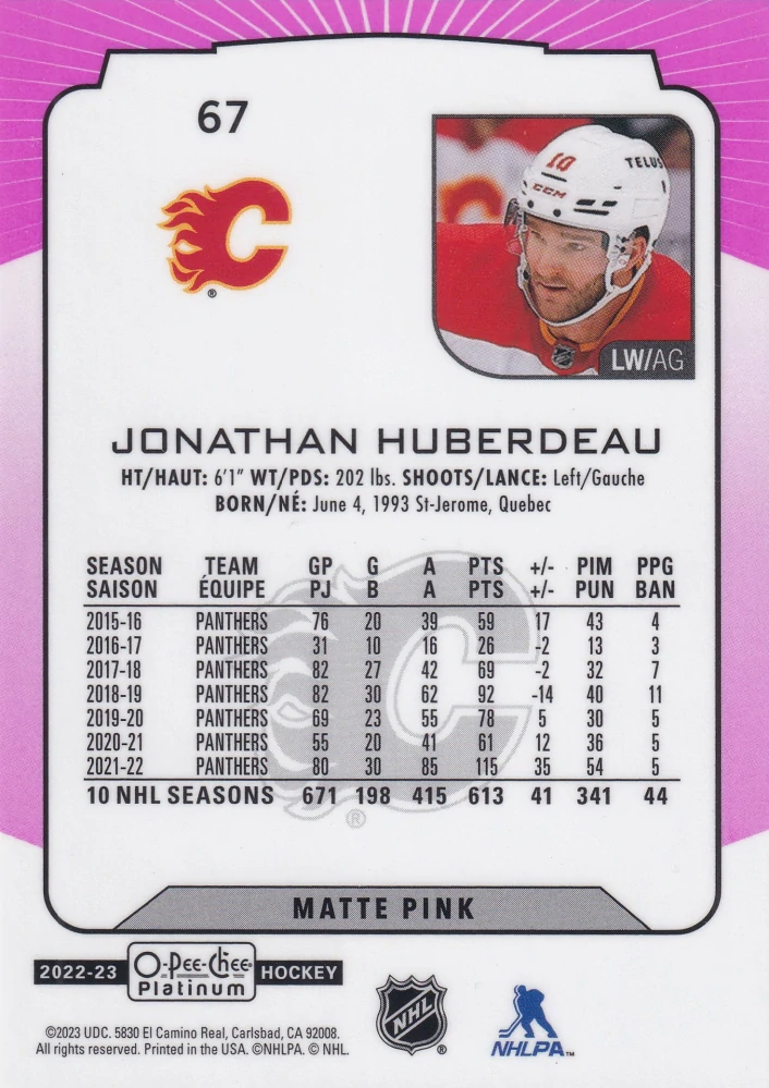 2022-23 UD O-Pee-Chee Platinum - Jonathan Huberdeau - Matte Pink #67