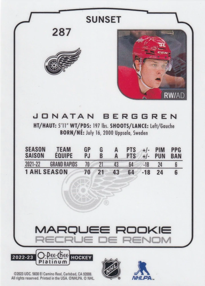 2022-23 UD O-Pee-Chee Platinum - Jonathan Berggren - Marquee Rookie Sunset #287