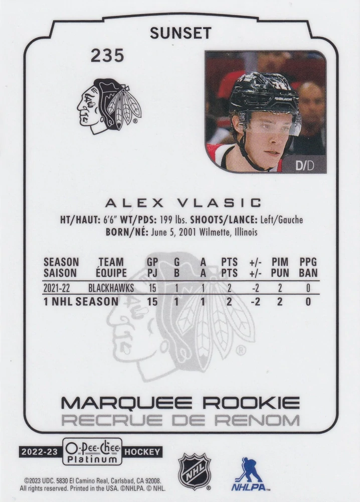 2022-23 UD O-Pee-Chee Platinum - Alex Vlasic - Marquee Rookie Sunset #235