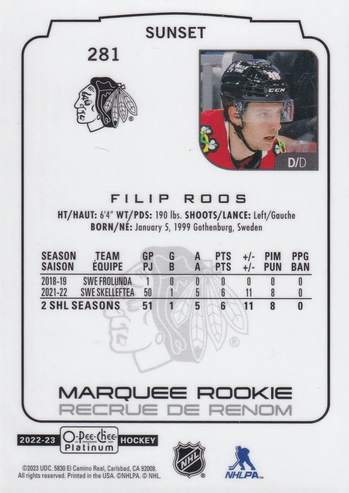 2022-23 UD O-Pee-Chee Platinum - Filip Roos - Marquee Rookie Sunset #281