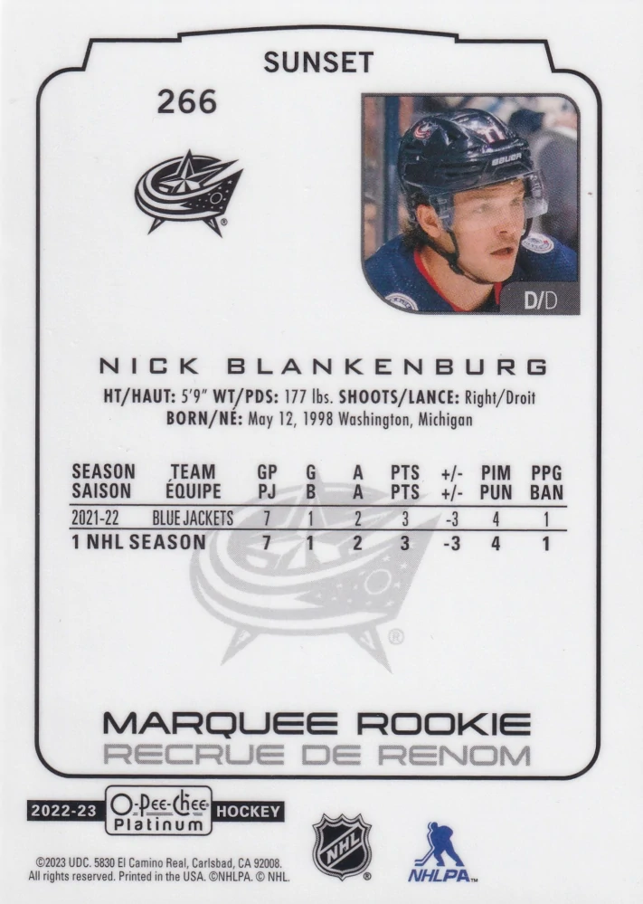 2022-23 UD O-Pee-Chee Platinum - Nick Blankenburg - Marquee Rookie Sunset #266