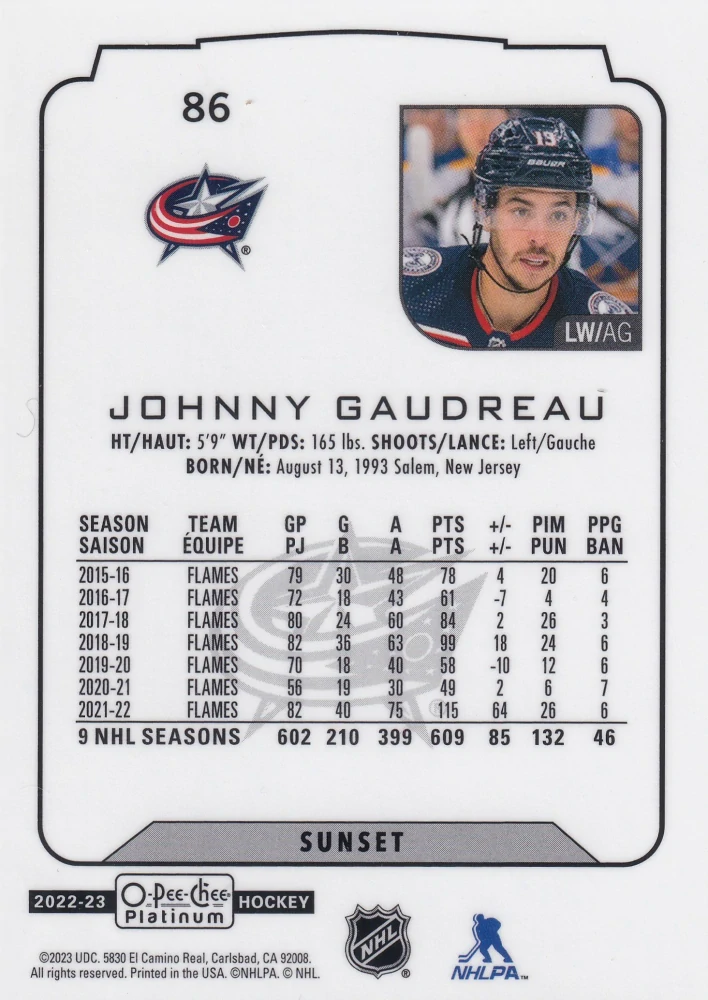 2022-23 UD O-Pee-Chee Platinum - Johnny Gaudreau - Sunset #86